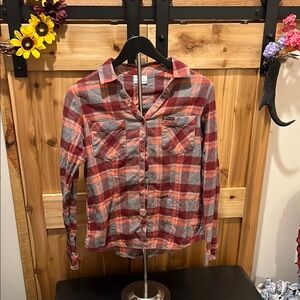 Columbia Red and Gray Plaid Button Down Shirt